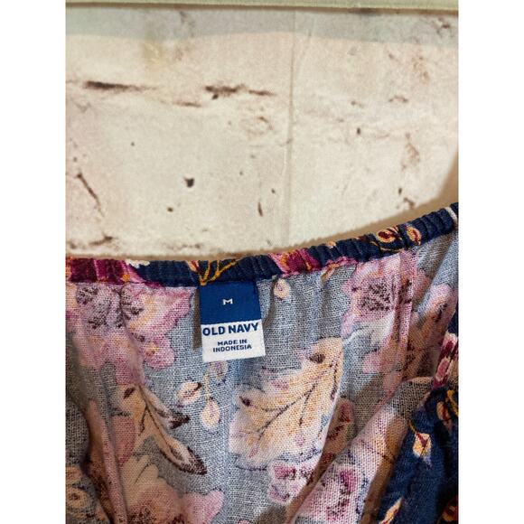 Old Navy Linen Midi Dress Womens Medium Navy & Purple Floral Babydoll Tiered - Picture 2 of 15